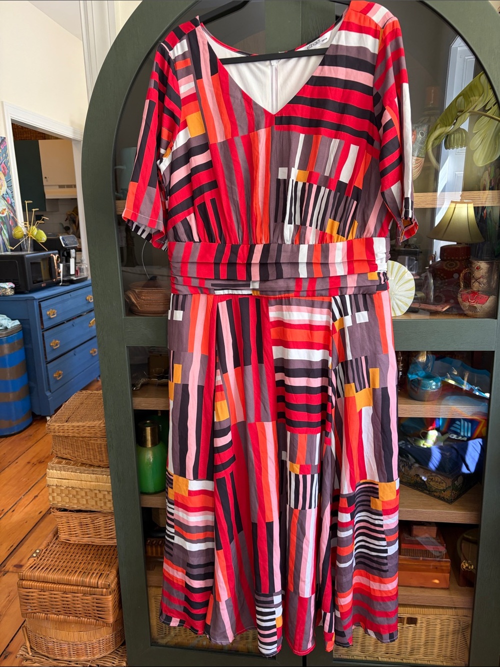 eshakti Red, Pink & Orange Geometric Midi Dress